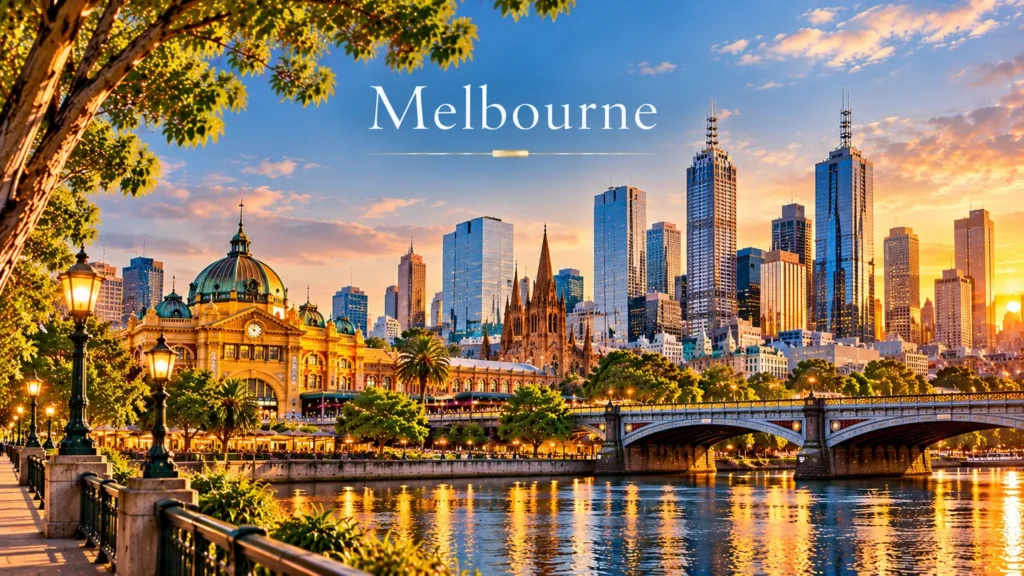 Melbourne's Flinders Street station and river at sunset, Australia