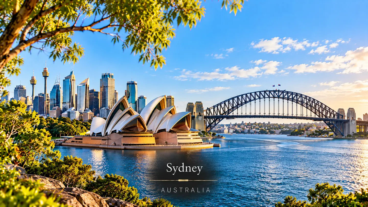 Sydney Opera House and Harbour Bridge above the harbour, Australia