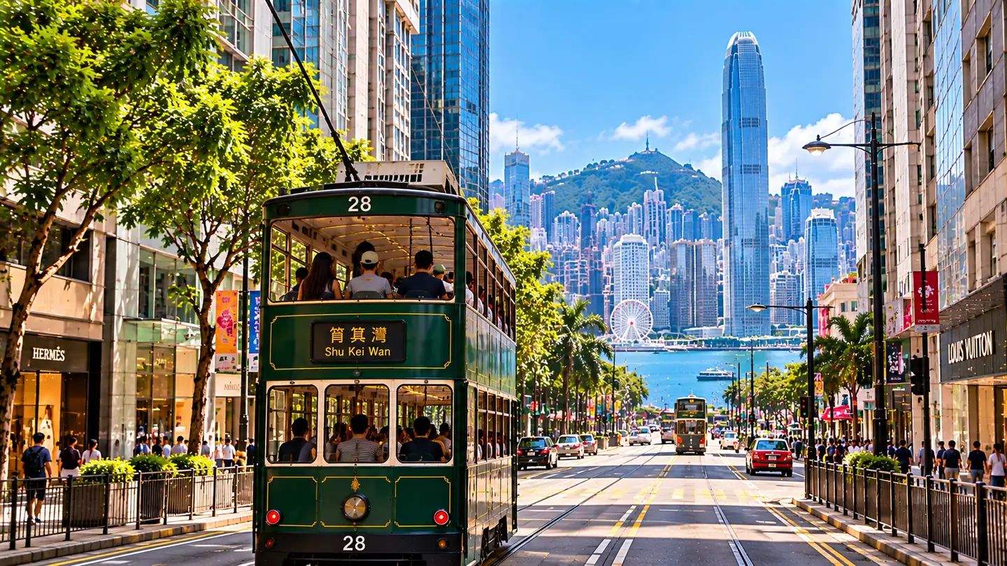 Double-decker tram passing through a busy Hong Kong street