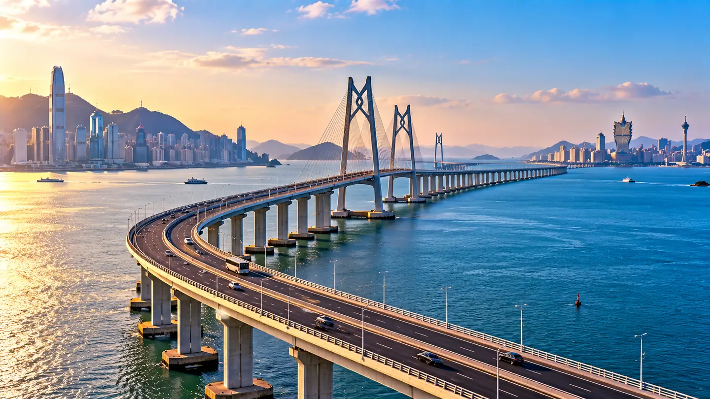 A sweeping cable-stayed bridge over the harbour at sunset, Hong Kong