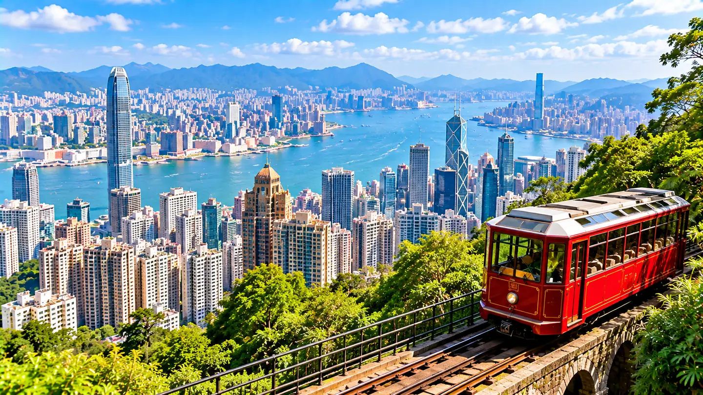 Peak Tram and skyline viewed from Victoria Peak, Hong Kong