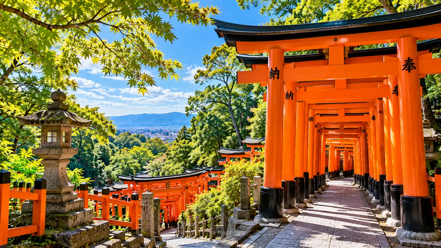 Vermilion torii gates on the Fushimi Inari mountain path, Kyoto, Japan