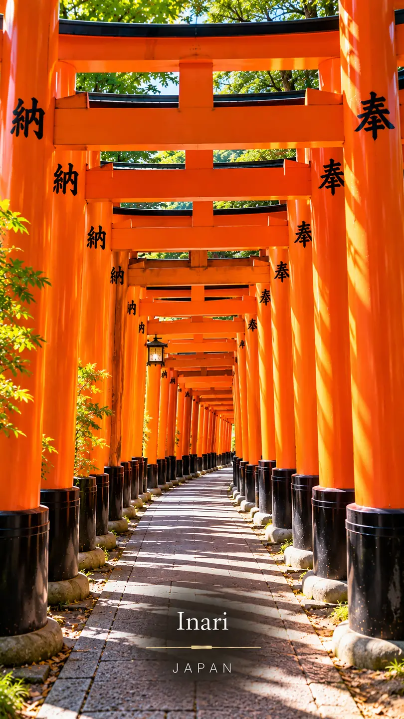 A lantern-lit path through vermilion torii gates, Fushimi Inari, Japan