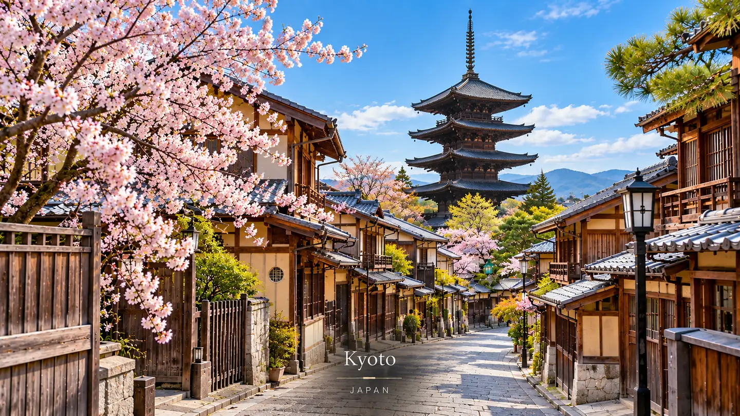 Pagoda and lanterns on a Kyoto street at dusk, Japan