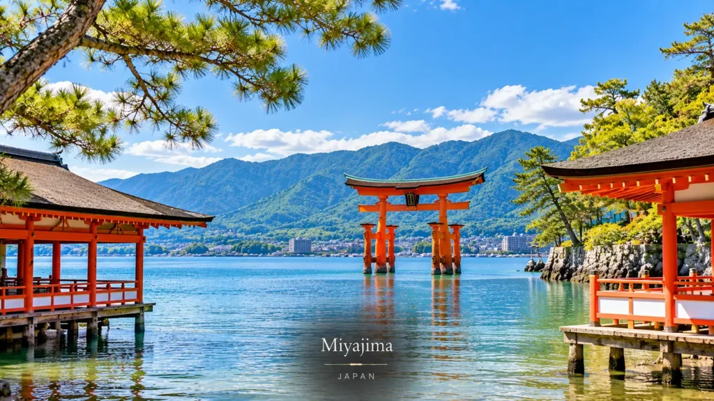 The floating torii gate of Itsukushima Shrine at high tide, Miyajima, Japan
