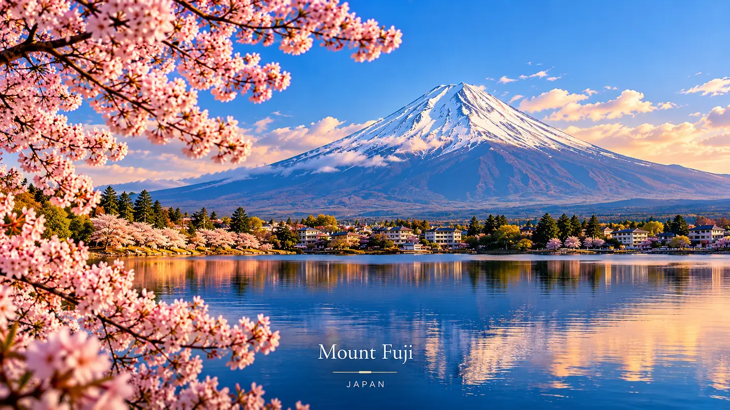 Mount Fuji reflected in a lake beneath cherry blossoms, Japan