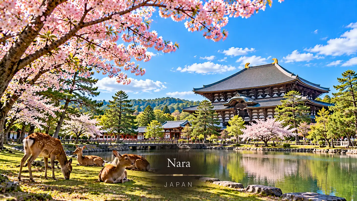 Deer and lanterns in front of a temple in Nara, Japan