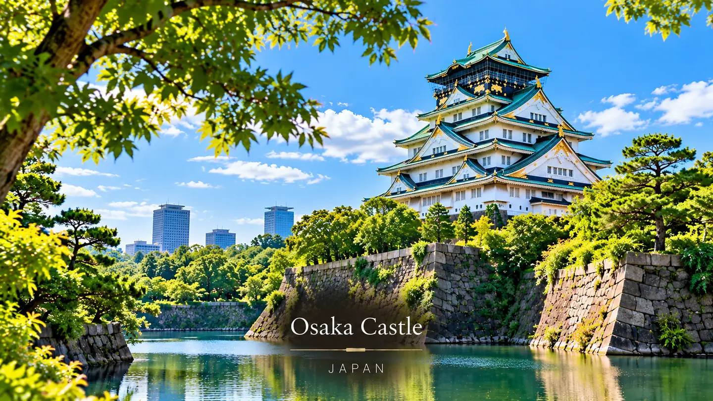 Osaka Castle above its moat and gardens, Japan