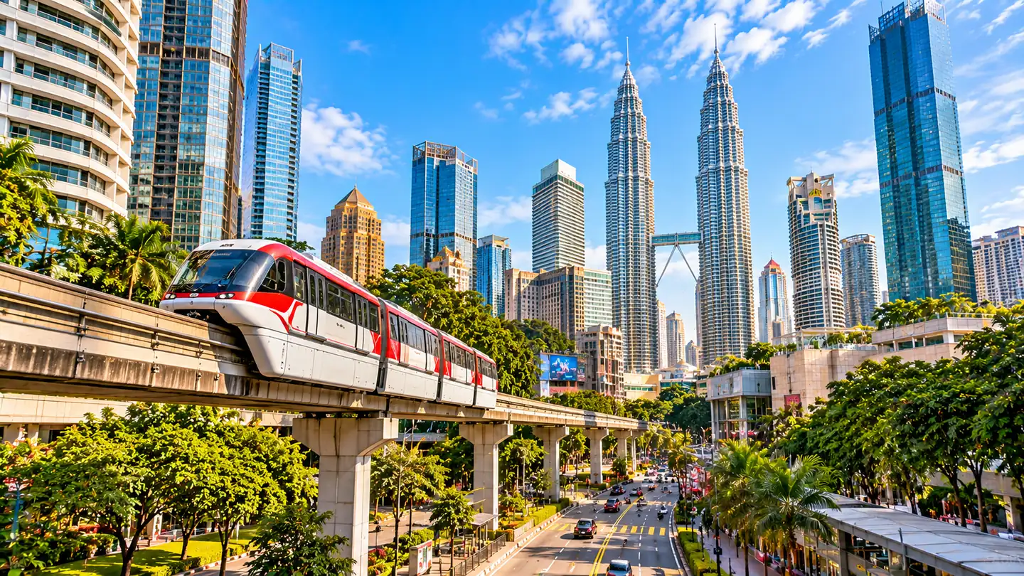 Petronas Twin Towers with the monorail passing, Kuala Lumpur, Malaysia