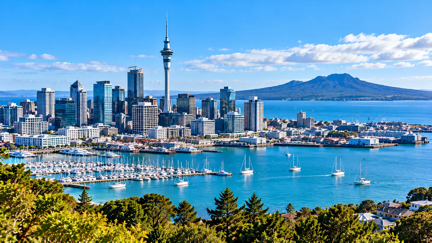 Auckland skyline and Sky Tower across the harbour, New Zealand