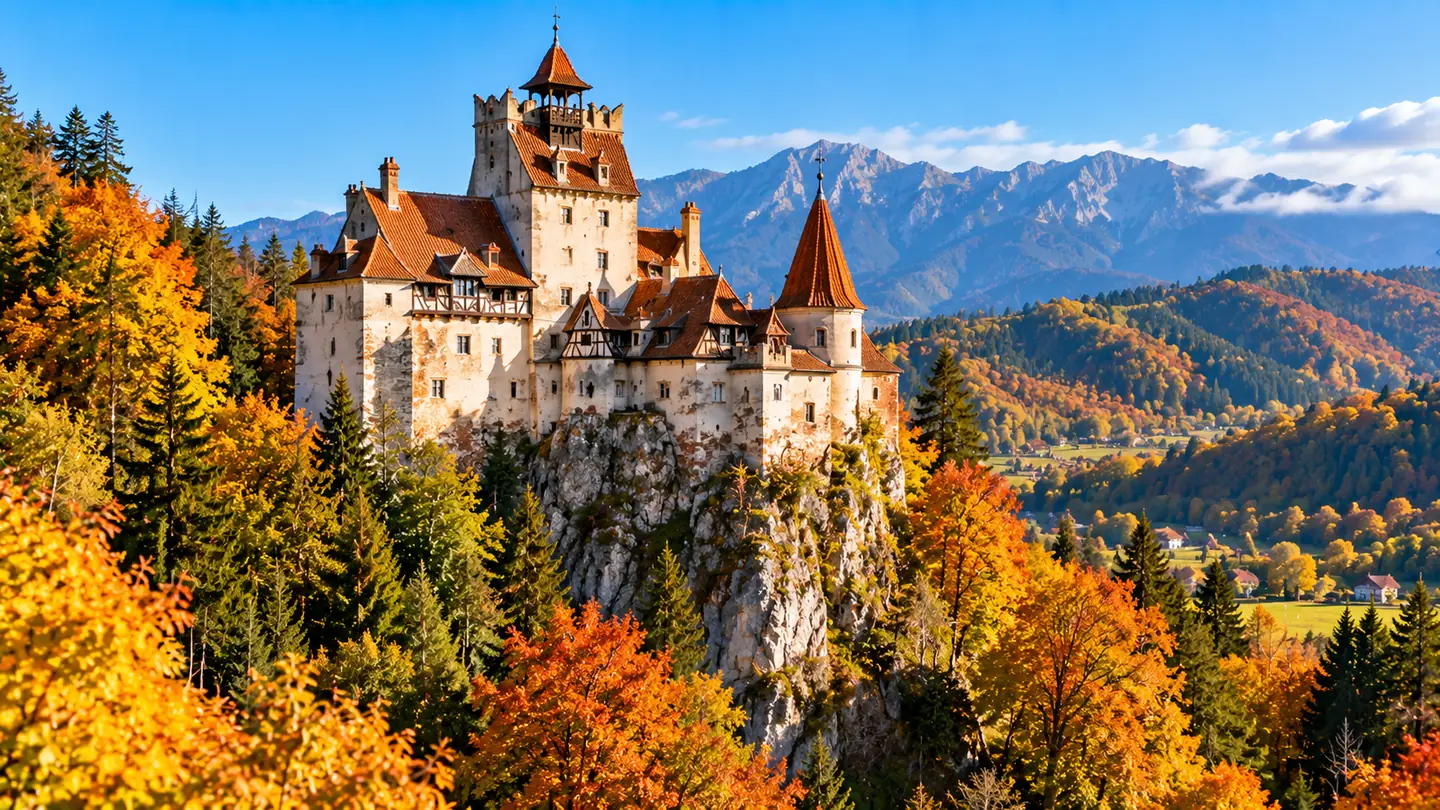 Bran Castle above autumn forests, Transylvania, Romania