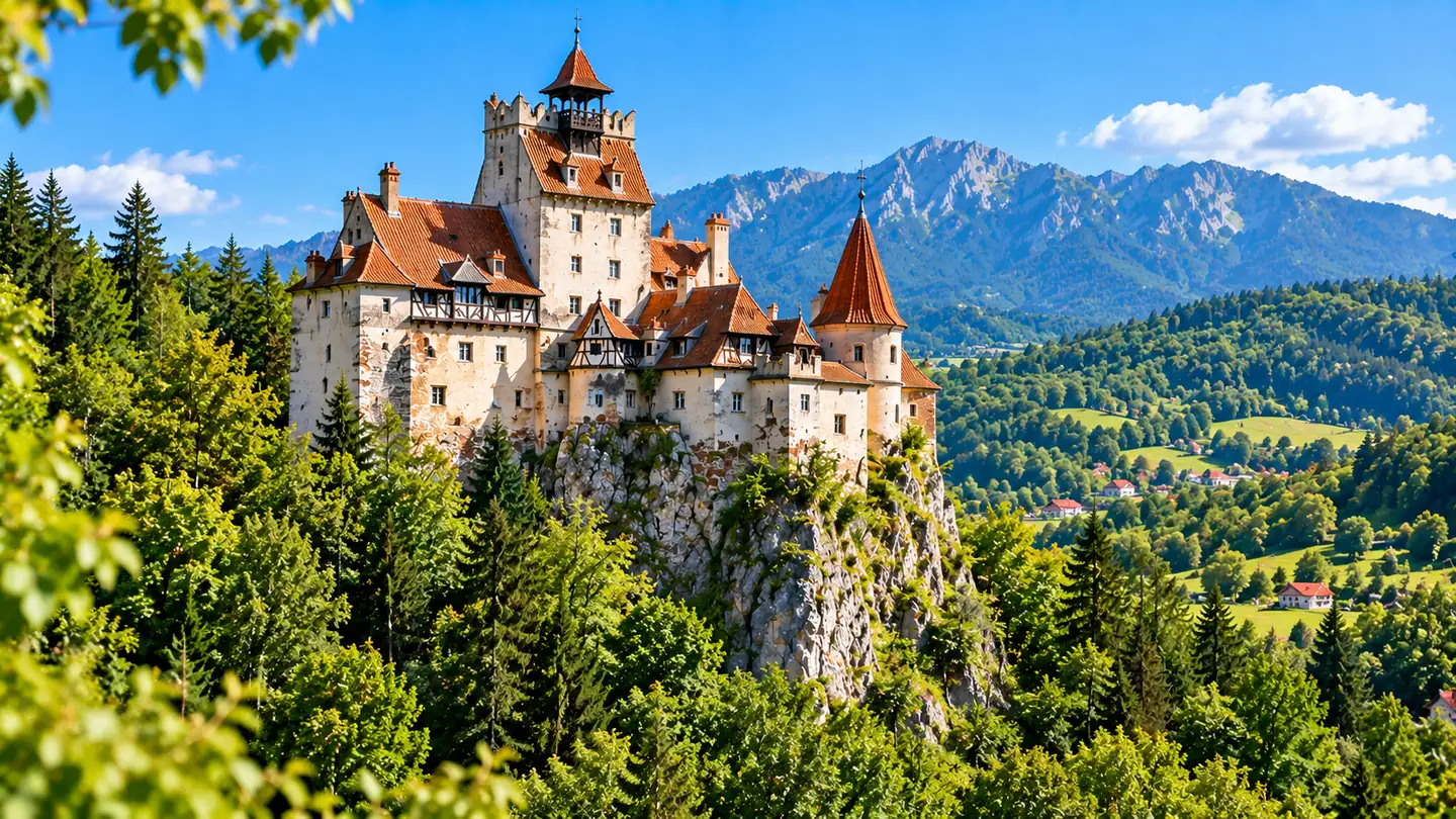 Bran Castle on its rocky hill in summer, Transylvania, Romania