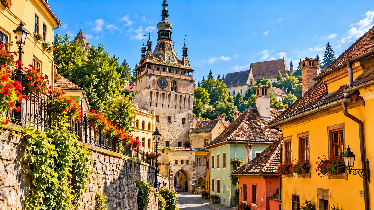 Sighisoara citadel with its clock tower, Transylvania, Romania