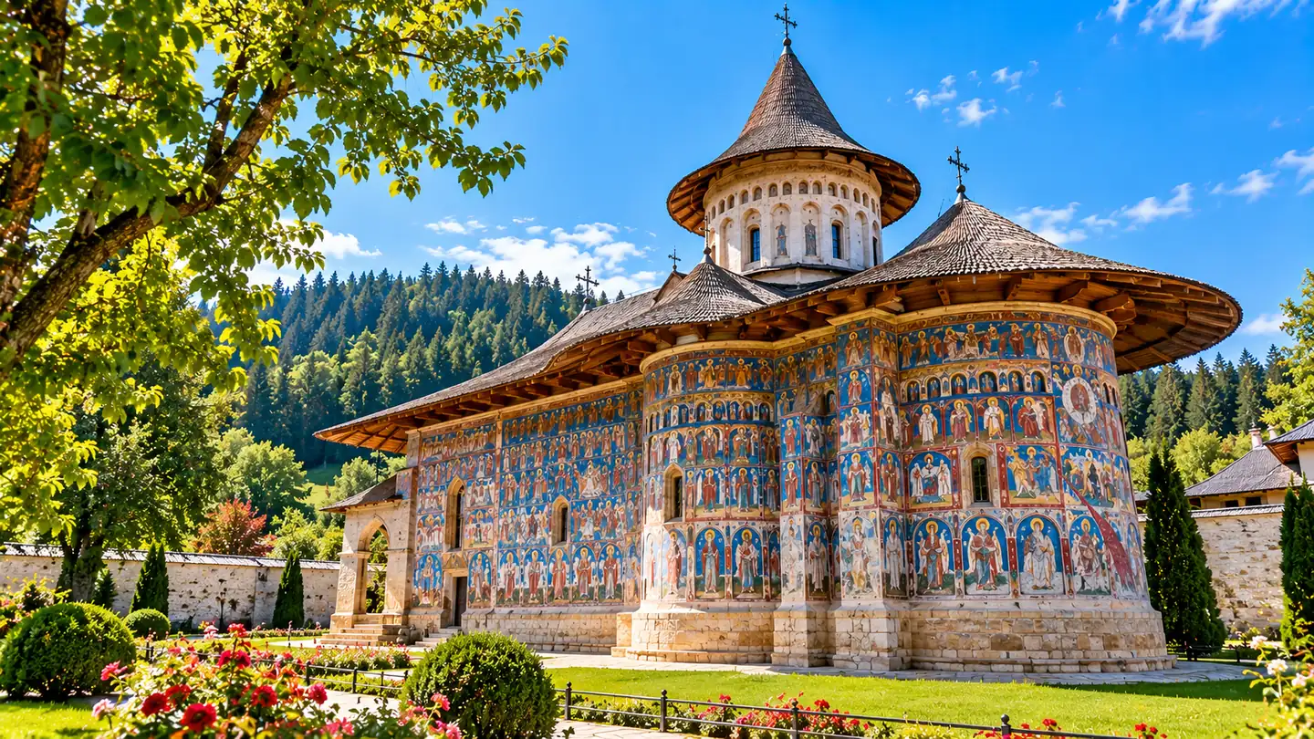 The painted walls of Voroneț Monastery, Bucovina, Romania