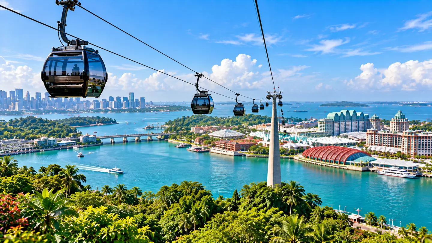 Cable cars gliding over the harbour towards Sentosa, Singapore