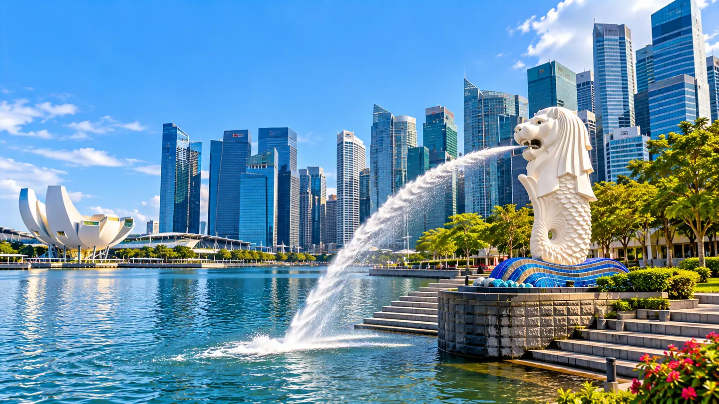 The Merlion fountain with the Marina Bay skyline, Singapore