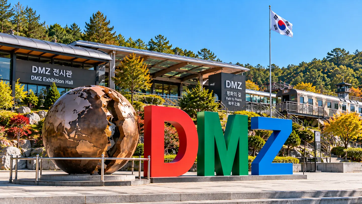 The DMZ sign at the border between North and South Korea