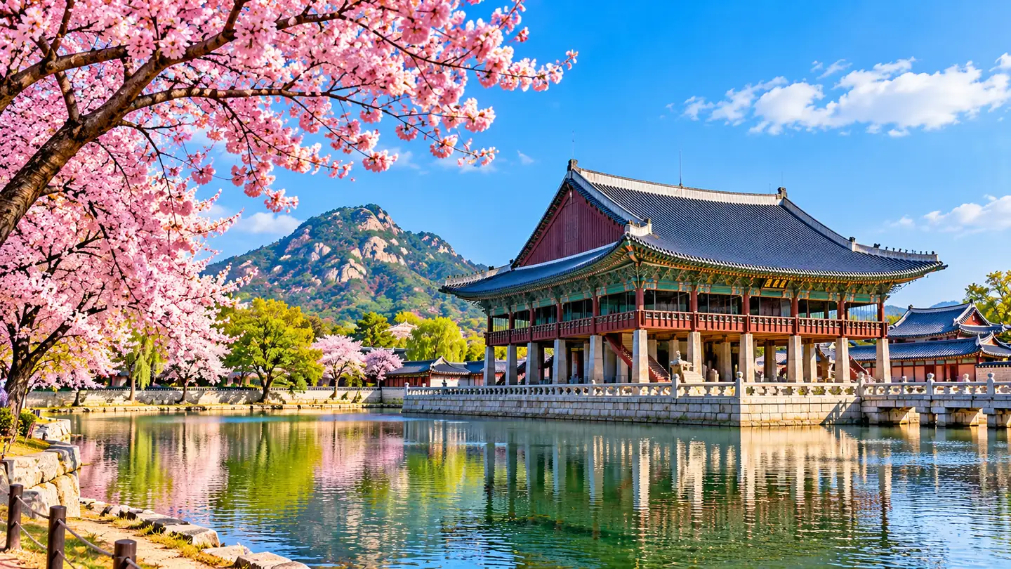 Gyeonghoeru pavilion at Gyeongbokgung Palace beneath cherry blossoms, Seoul, South Korea