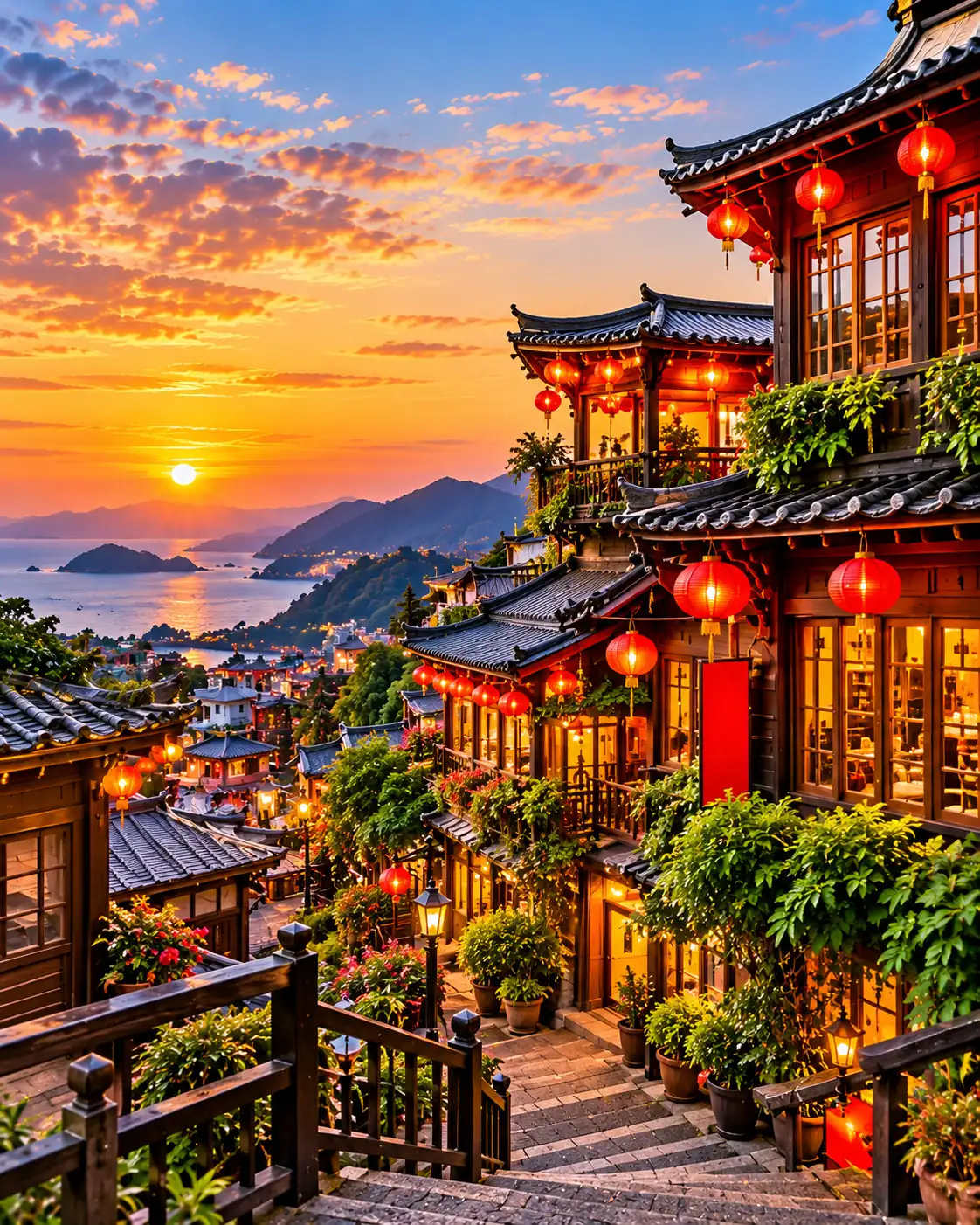 Chinese temple pavilions glowing at sunset, Taiwan